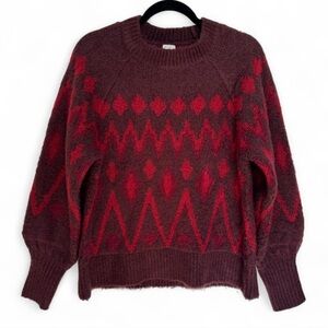 A New Day Fair Isle Balloon Sleeve Sweater Maroon Red Diamond Small